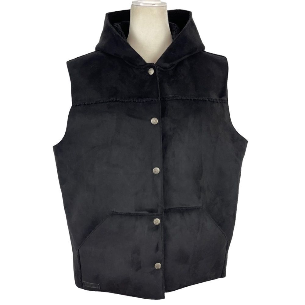 Lauren Ralph Lauren Faux Suede Vest Women's XL Fleece Sherpa Lined Hooded Black